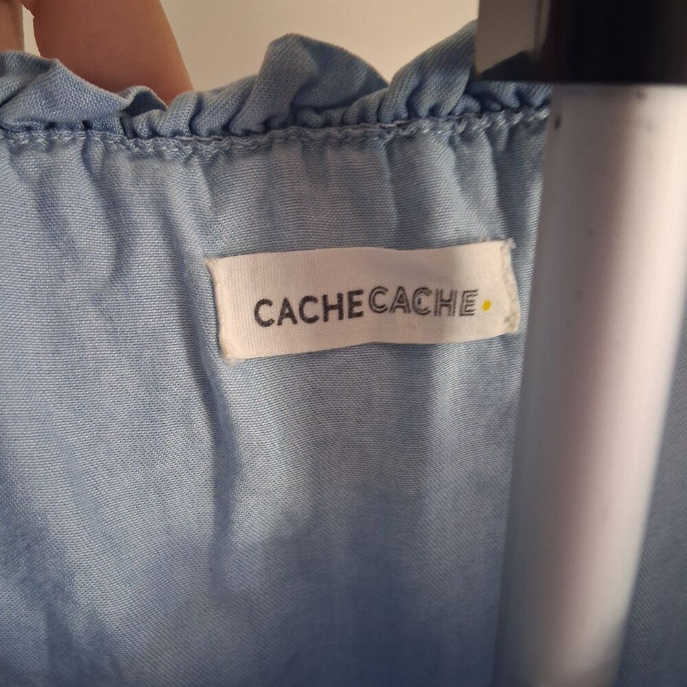 Cache Cache Blue Chambray Off Shoulder Smocked Ruffle Mini Shift Dress Euro 36/4 - Picture 10 of 11